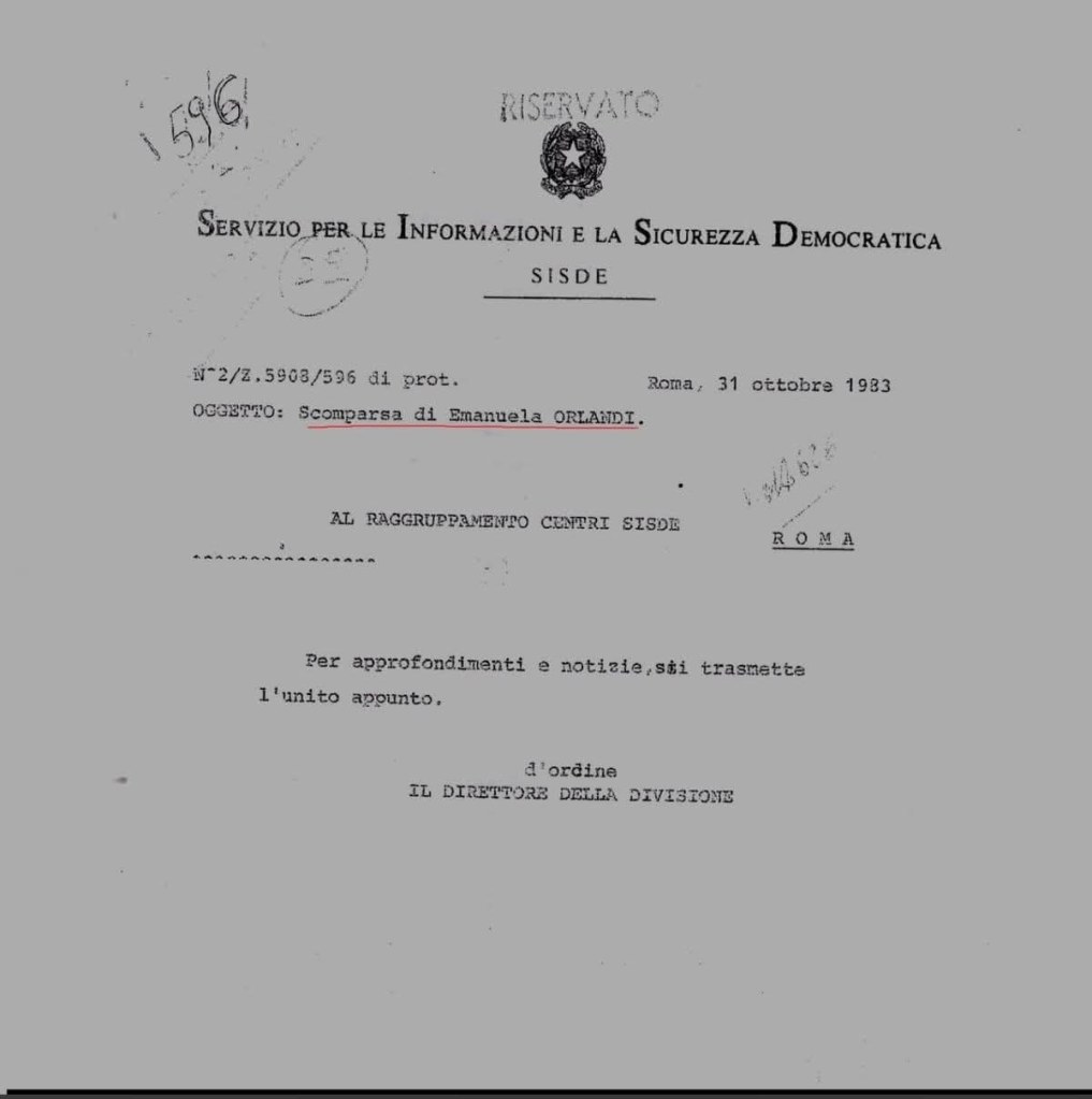 Appunto riservato del SISDE del 31 ottobre 1983 sulla scomparsa di Emanuela Orlandi