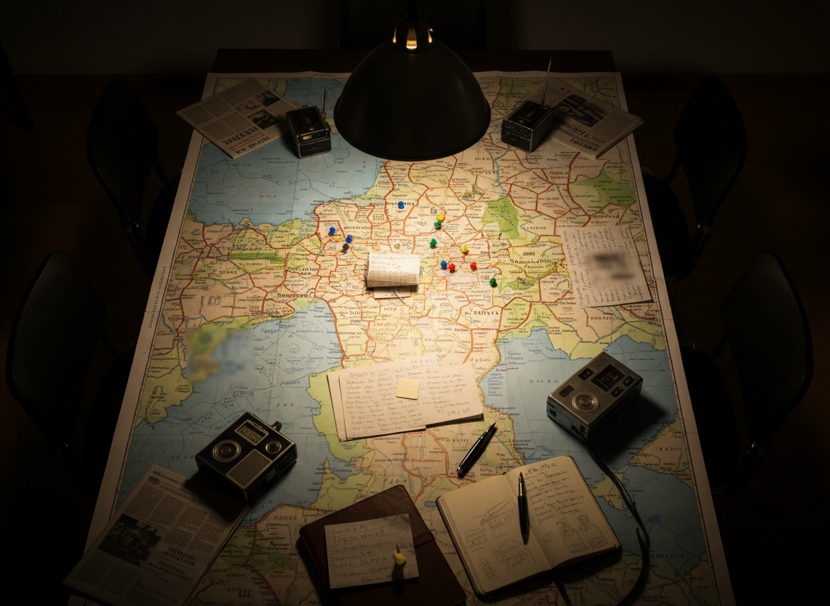 Un tavolo grande da sala riunioni ricoperto da una mappa di Roma ad alta risoluzione, con alcune puntine colorate che segnano diversi quartieri, assieme a ritagli di giornale sfocati e appunti manoscritti parzialmente coperti, senza nomi leggibili. Ai bordi del tavolo, registratori portatili, un taccuino aperto e una penna stilografica, suggeriscono un lavoro giornalistico investigativo. La scena è illuminata da una luce calda proveniente da una lampada a sospensione sopra il tavolo, che crea un cono di luce concentrato e ombre morbide ai margini. L’ambiente circostante rimane in penombra, sfocato, accentuando la focalizzazione sui materiali. Inquadratura dall’alto, stile fotografico realistico, atmosfera intensa e riflessiva.