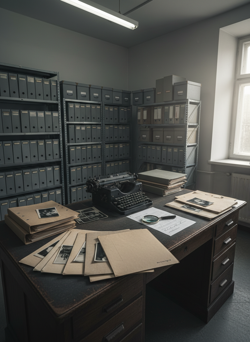 Una scrivania d’archivio in legno scuro, consumata dal tempo, coperta da un ordinato ventaglio di fascicoli beige, cartelline rigide e fotografie in bianco e nero parzialmente coperte, senza volti riconoscibili. Al centro, una vecchia macchina da scrivere metallica e una lente d’ingrandimento appoggiata su un documento dattiloscritto con righe sottolineate. L’ambiente è un ufficio silenzioso dalle pareti rivestite di scaffali metallici carichi di scatole d’archivio. Una luce fredda da neon sul soffitto si combina con un taglio di luce naturale da una finestra laterale, creando ombre nette e un’atmosfera investigativa, seria e professionale. Inquadratura leggermente dall’alto, profondità di campo media, stile fotografico realistico, toni neutri e leggermente desaturati.