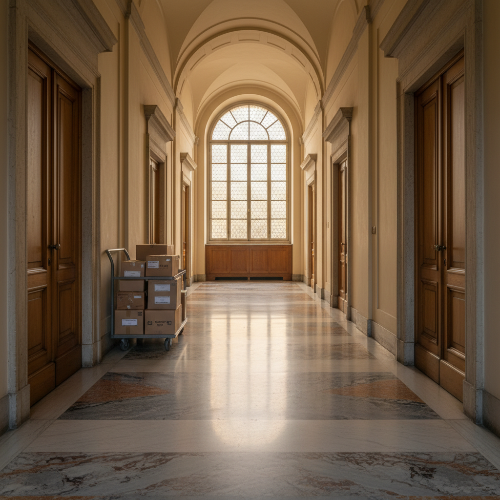 Un corridoio interno del Vaticano visto in prospettiva, con pavimento in marmo lucido, pareti color avorio e porte di legno chiaro chiuse su entrambi i lati. In fondo, una grande finestra con vetro spesso lascia entrare una luce pomeridiana diffusa che si riflette sul pavimento, creando una scia luminosa che guida lo sguardo. Su un lato del corridoio, un carrello d’archivio metallico porta scatole etichettate, nessuna scritta leggibile in dettaglio. L’atmosfera è solenne, silenziosa, lievemente misteriosa, con un senso di attesa e ricerca della verità. Fotografia a livello occhi, composizione centrale che enfatizza la profondità, stile realistico pulito e professionale.